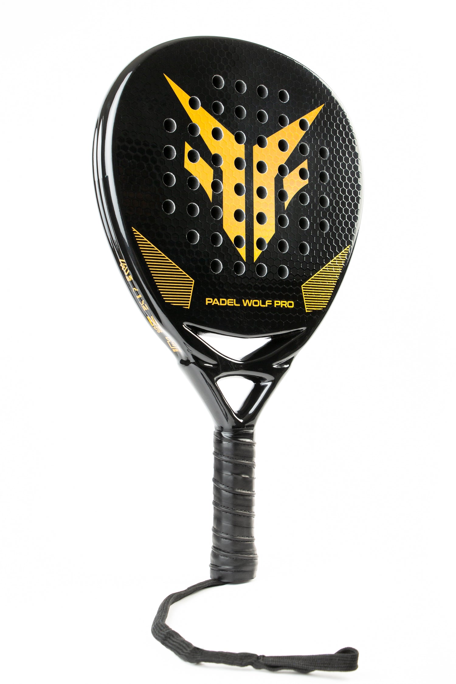 A side profile image of a padel racket from Padel Wolf Pro in Canada. The side shows a textured surface on the padel racket for 3d spin