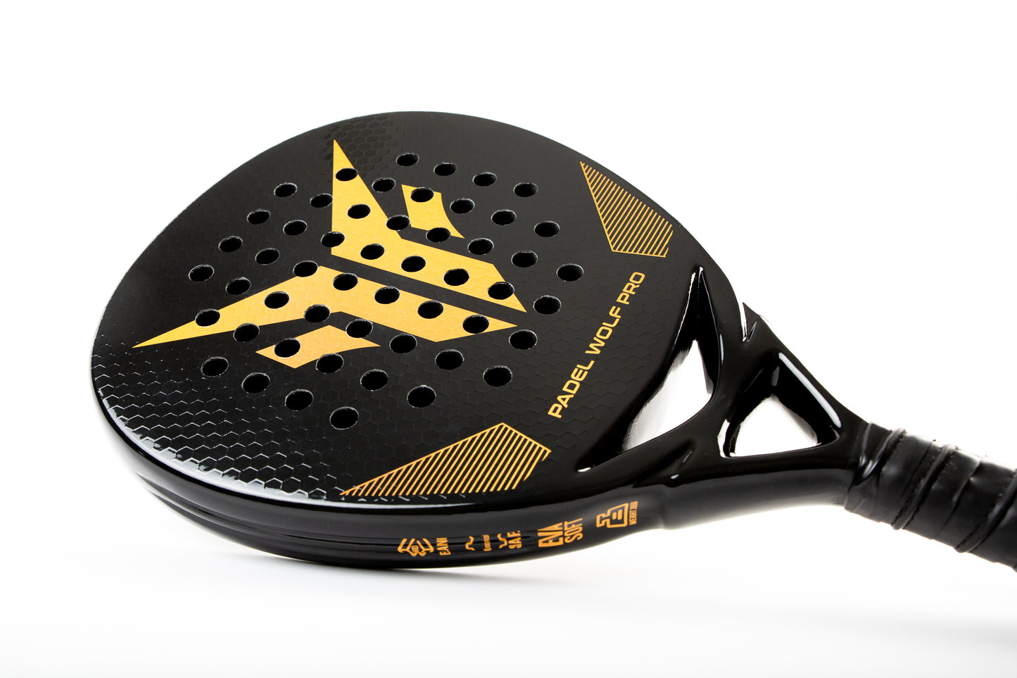 A side down image of a padel racket from Padel Wolf Pro in Canada. The side of the racket shows Eva Soft foam and the weight of the racket.