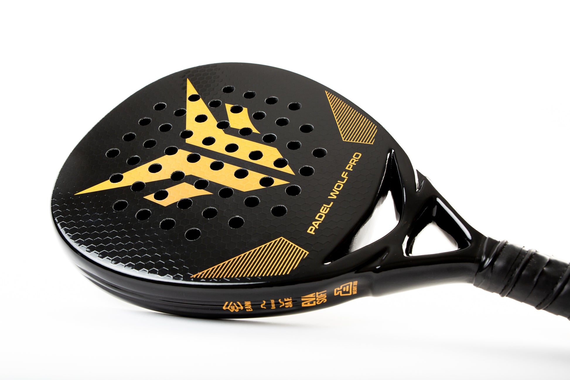A side down image of a padel racket from Padel Wolf Pro in Canada. The side of the racket shows Eva Soft foam and the weight of the racket.