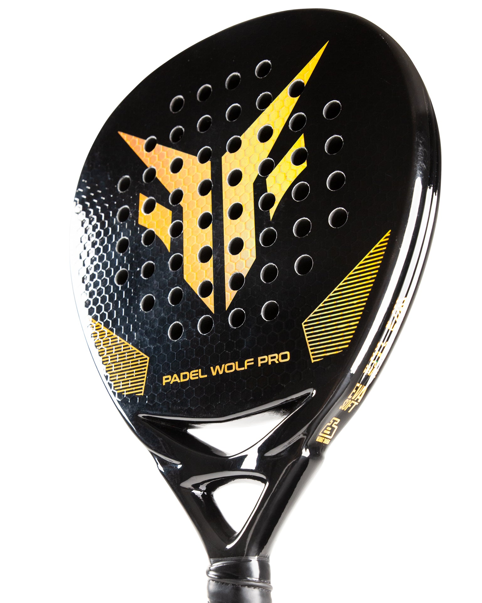 An image of a padel racket from Padel Wolf Pro in Canada. The Padel racket is made of carbon and fiberglass.